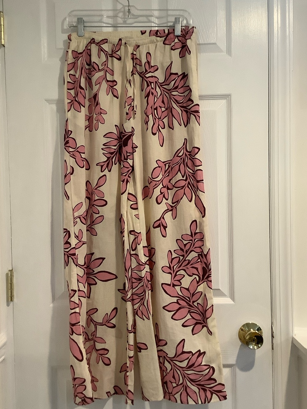 PRIMARK 100% Cotton Cream/Pink Wide Leg Coastal Grandma Beach Oversized Pants XS